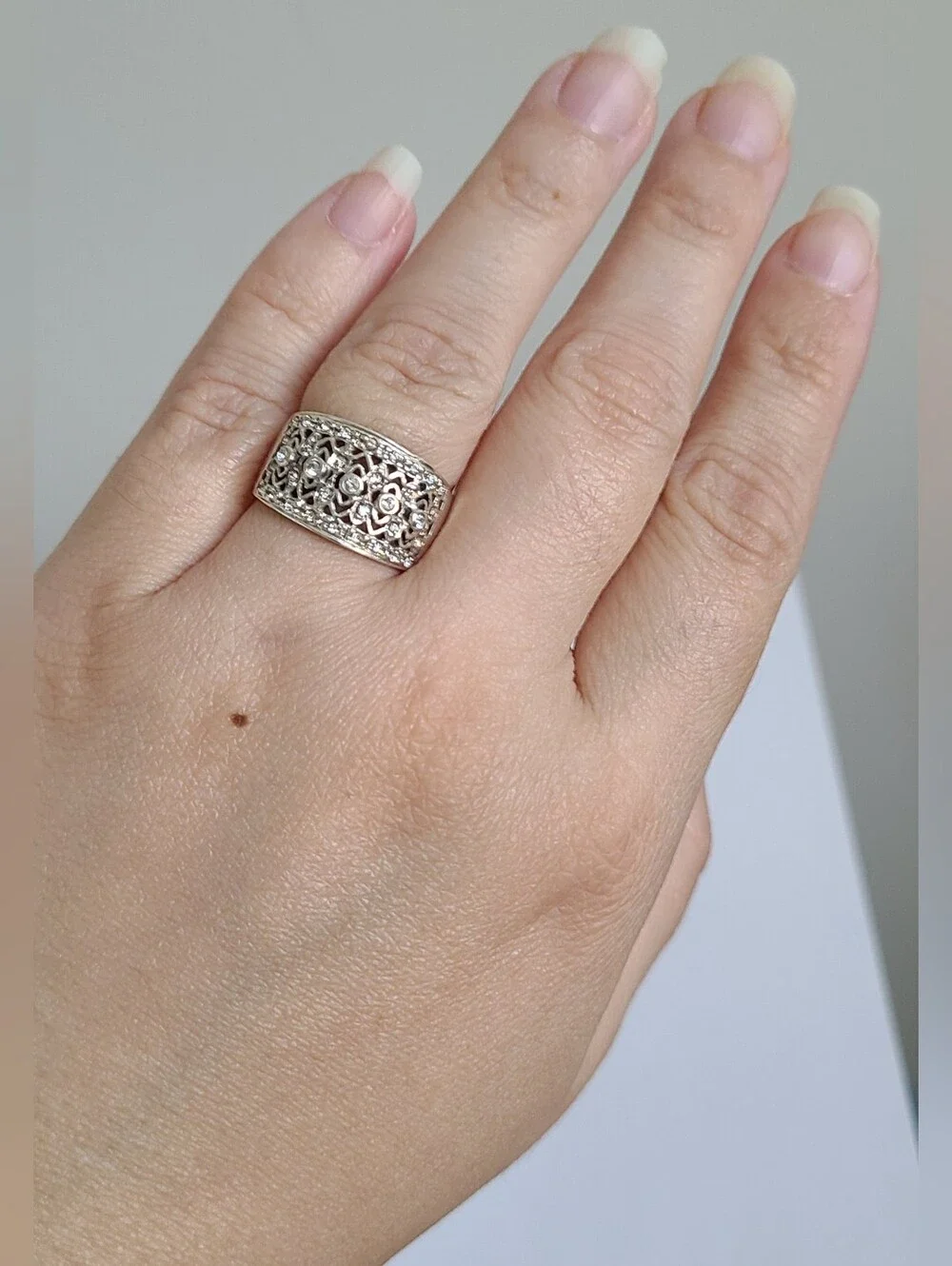 Elegant Sterling Silver CZ Rhinestone Crystal Filigree Chunky Wide Band Ring 6 - Picture 3 of 15